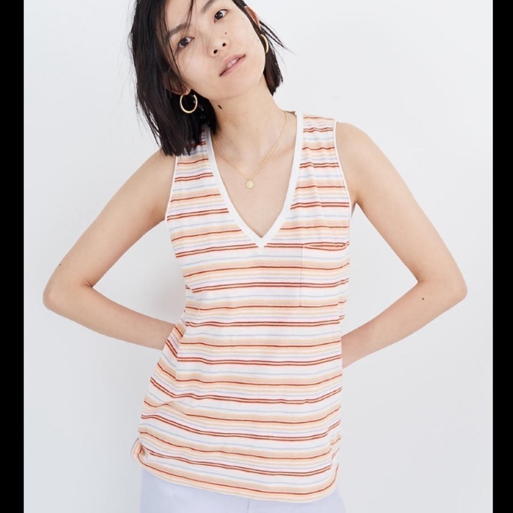 Madewell | Whisper Cotton V-Neck Pocket Tank in Fieldgate Stripe Medium …